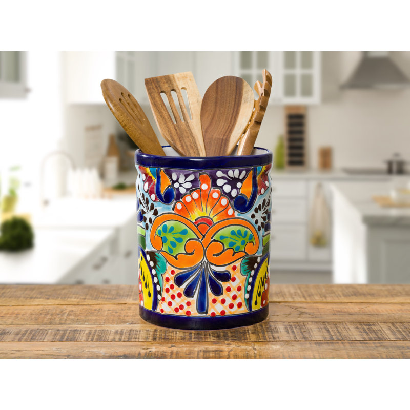 Talavera Pottery Owl Ceramic Utensil outlet Holder Flower Vase Kitchen Organizer Mexican Pottery Spoon Utensil Crock Decor Multi Color